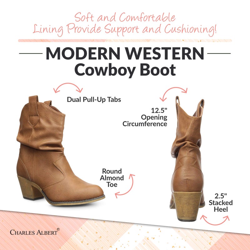 Charles Albert Modern Western Cowboy Boots for Women Ladies Stacked Heel Ankle Cowgirl Boots with Pull-Up Tabs in Cognac Size 9 - Image 5